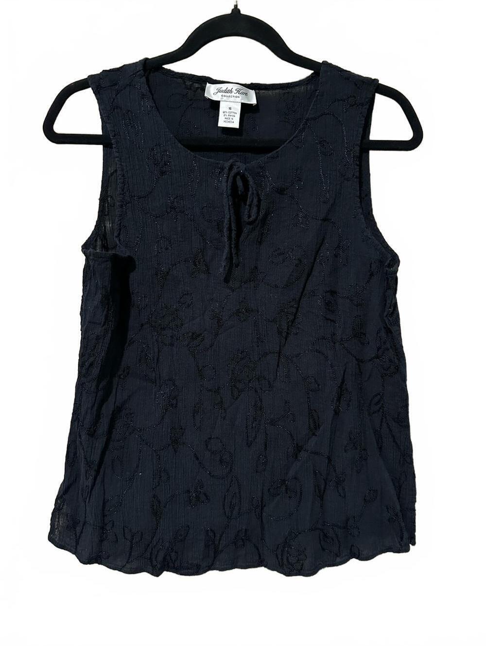 Vintage Black Sleeveless Tie-Neck Embroidered Top